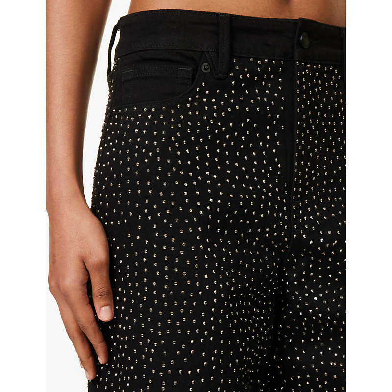 Womens Black Good Ease Rhinestone-embellished Wide-leg Recycled Denim-blend Jeans