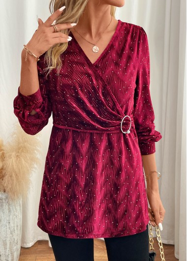 Modlily Wine Red Velvet Long Sleeve V Neck Blouse