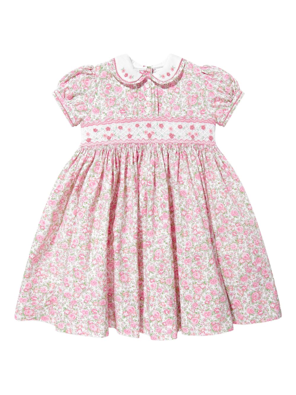 Sarah Louise Girls Pink Floral Cotton Hand-Smocked Dress