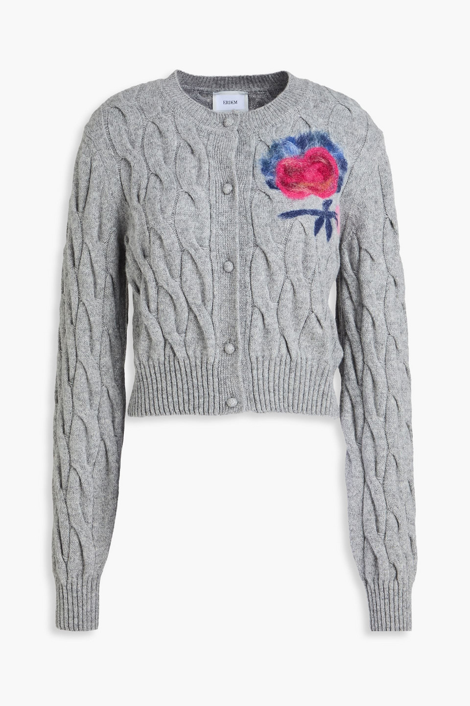 Floral-print cable-knit wool-blend cardigan - Gray - L