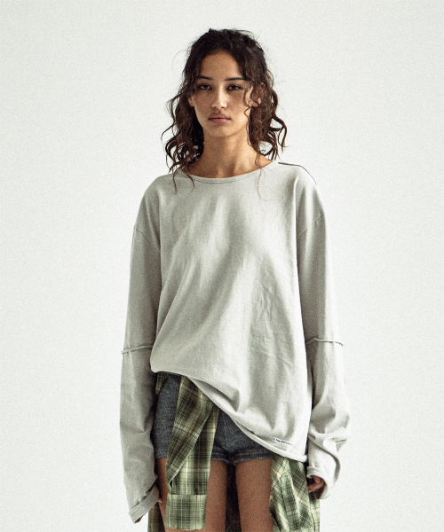 CUT-OFF LAYERED LS TEE BEIGE