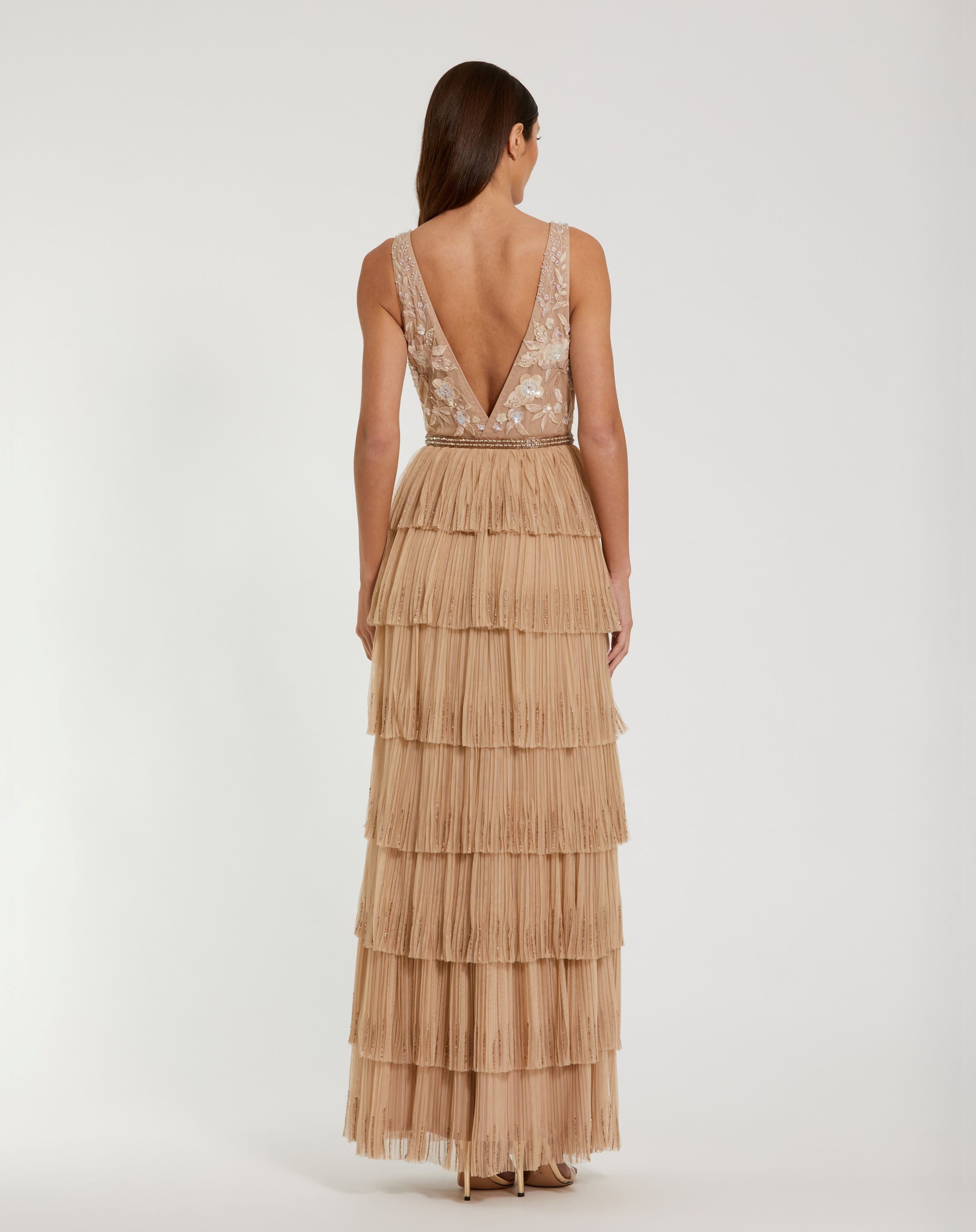 Beige Beaded Mesh V Neck Wedding Guest Maxi Gown with Tiered Ruffles Sand