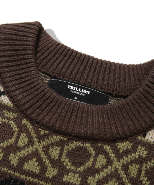 Vintage Fair Isle Jacquard Crewneck Knit_Brown