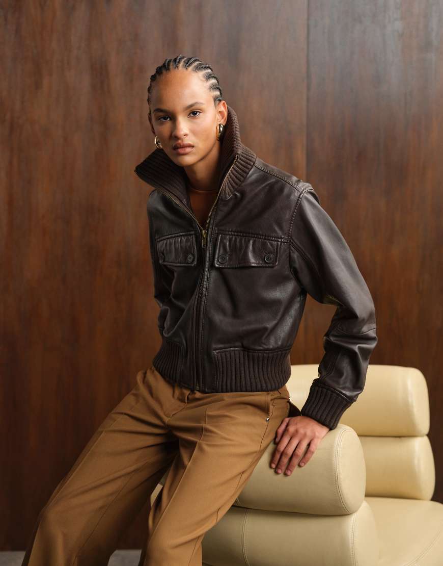 Washed real leather cropped jacket in chocolate-Brown
