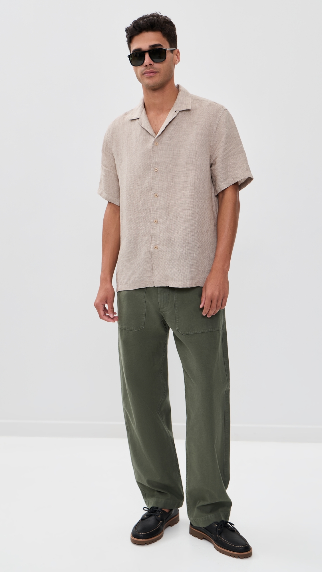 Short Sleeve Laguna Linen Camp Shirt Khaki Pincheck
