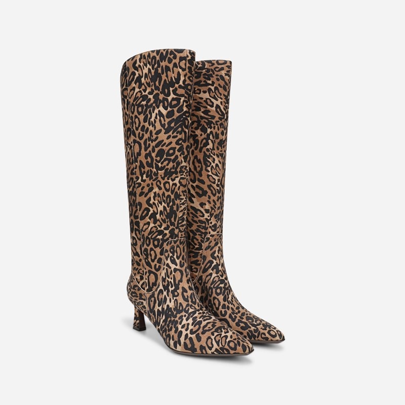Deesha Extra Wide Calf Knee High Boots, Leopard Print Suede Leather