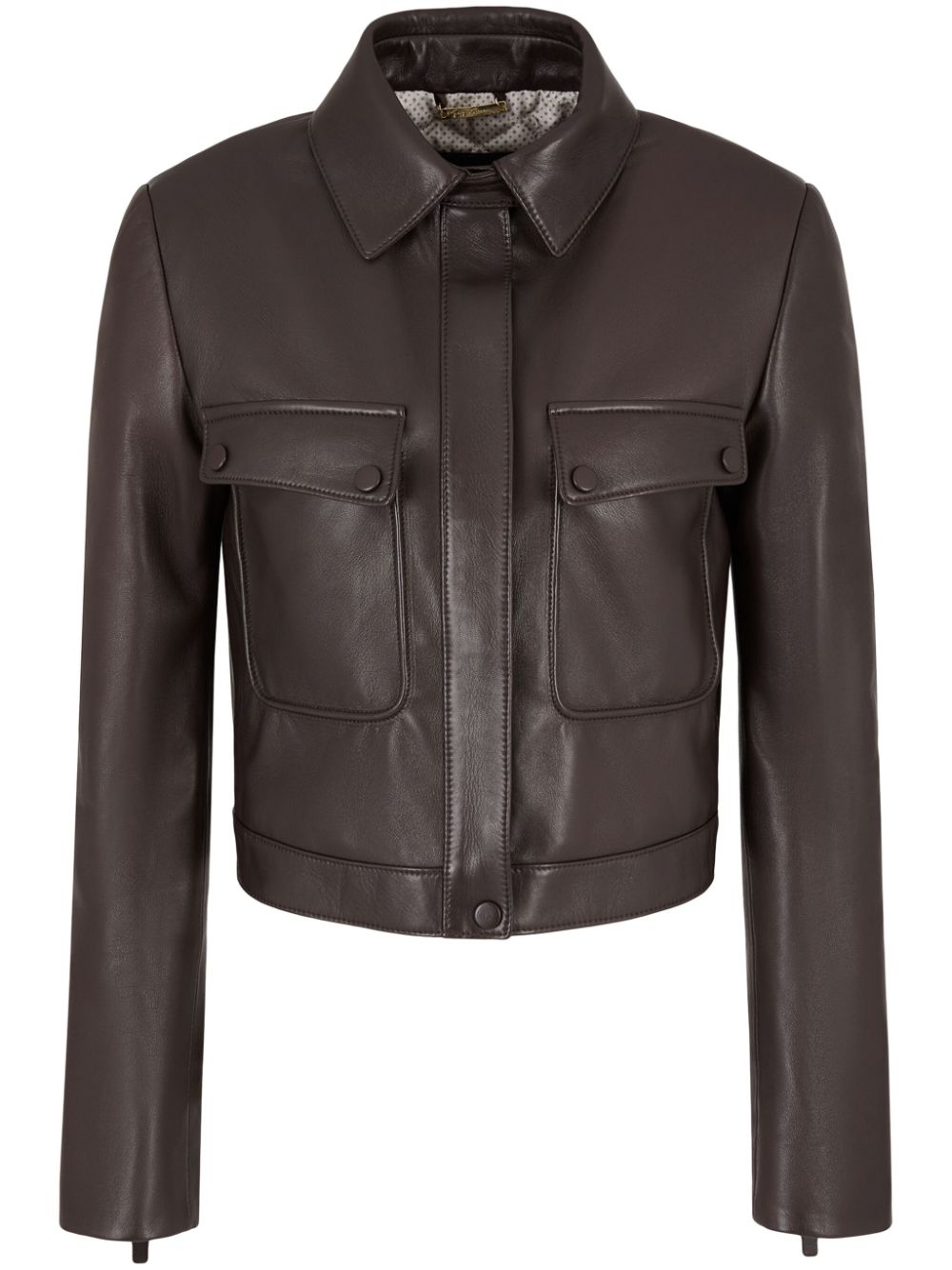 Spread-collar zip-up leather jacket - Brown