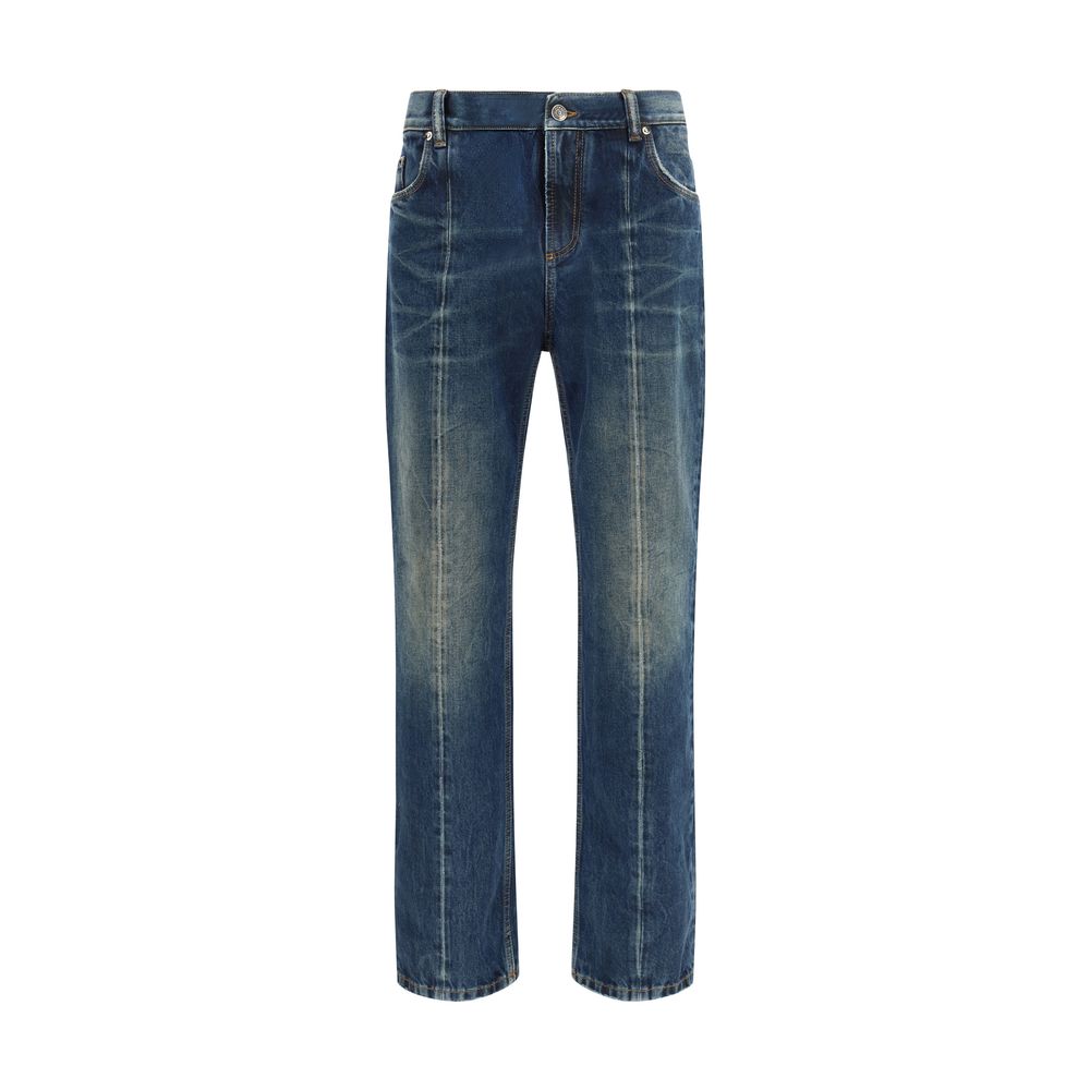 Distressed Cotton Straight-Leg Jeans — Blue