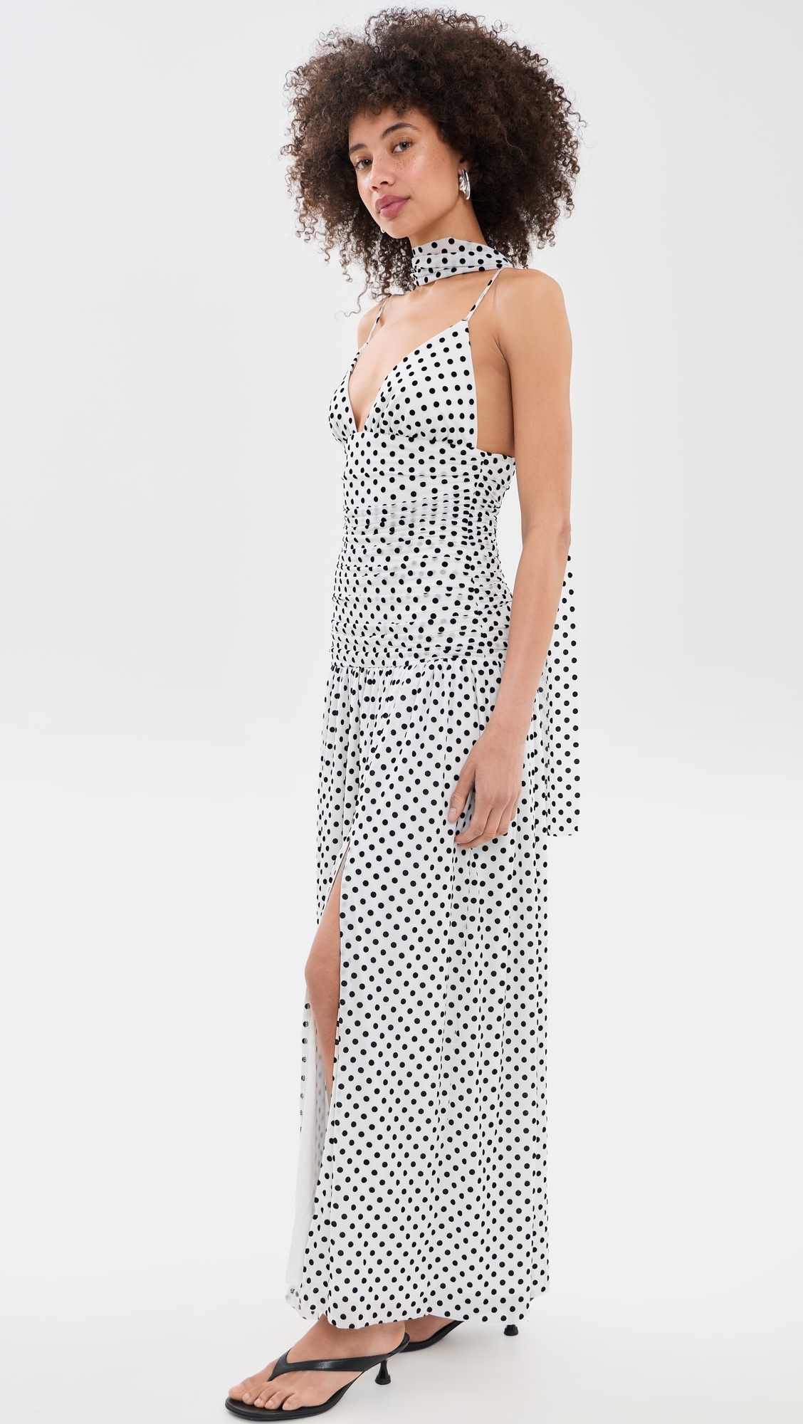 Spot Mesh Maxi Dress with Scarf White/Black