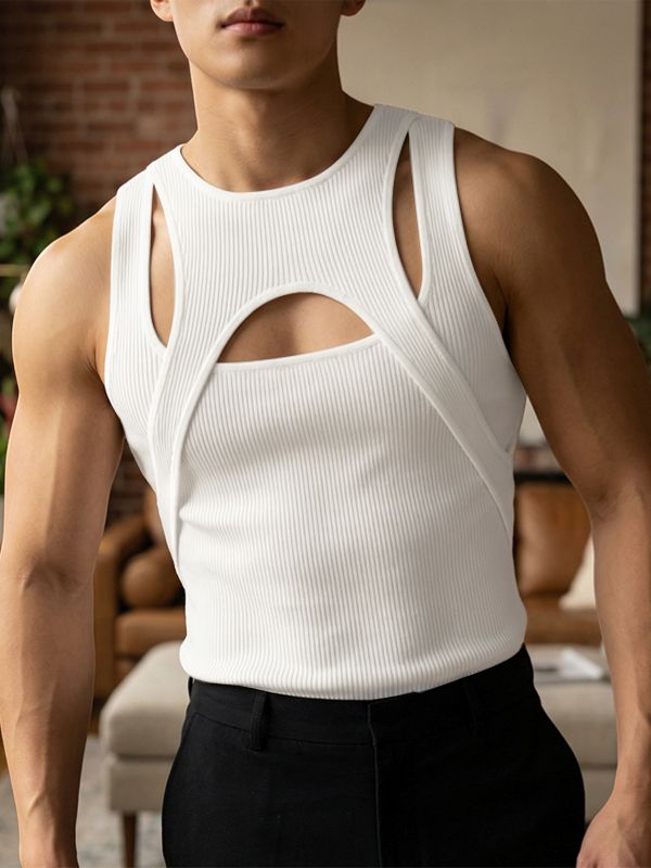 Men's Avant-Garde High-Street Aesthetic Deconstructed Multi-Cutout Ribbed Fitted Muscle Tank SKUL69231 - White / S
