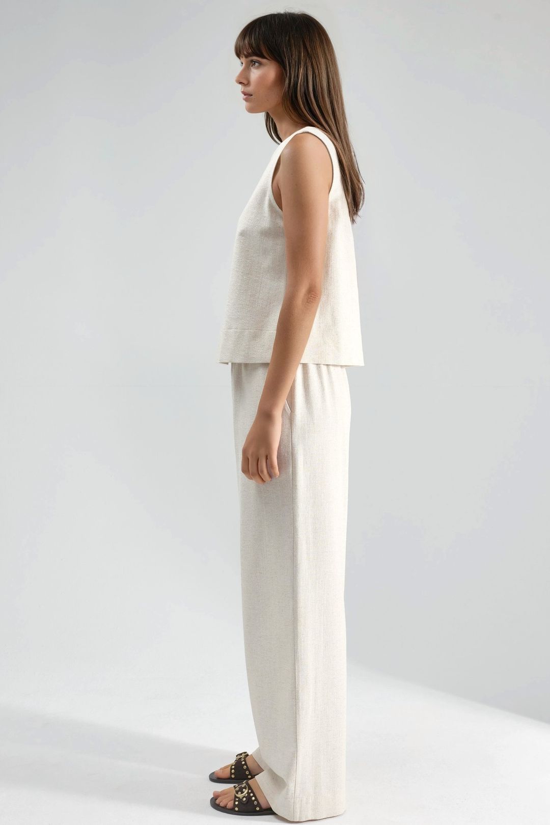 Hiccup Womens Linen Sleeveless Blouse & Pocketed Pants Set - Ivory - X-Large