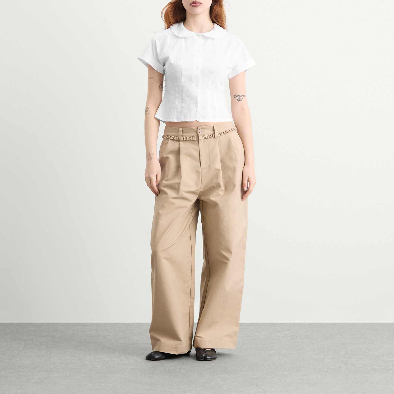 Women's Curved Collar Cap Sleeve Shirt in White