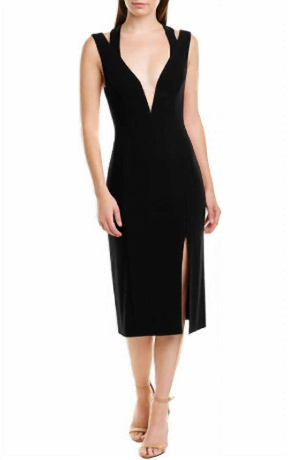 Sleeveless Plunging Stretch Midi Sheath Dress In Black