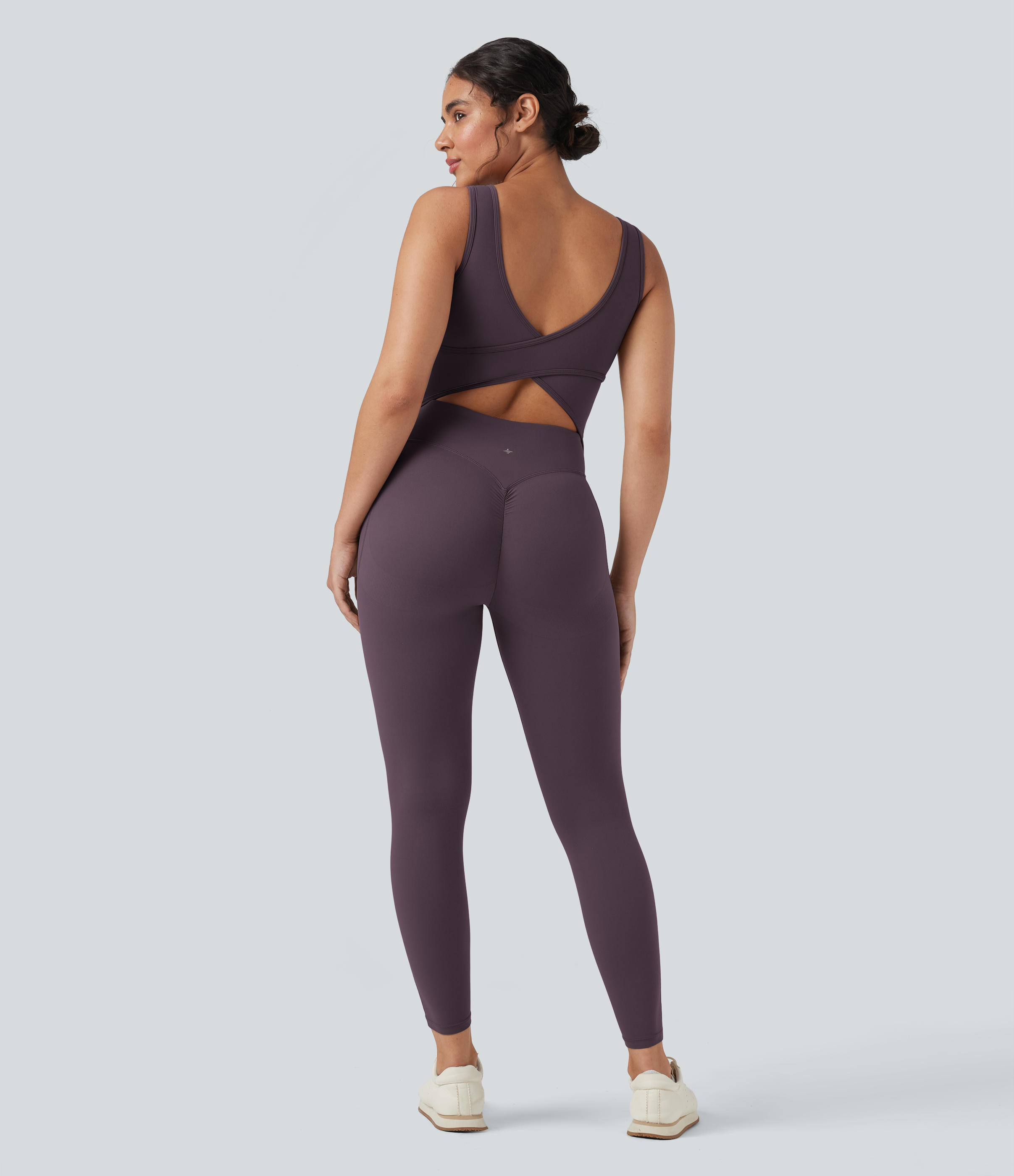 UltraSculpt™ V Neck Tummy Control Butt Lifting Workout Jumpsuit with Pockets Workout Dress - Night's Purple