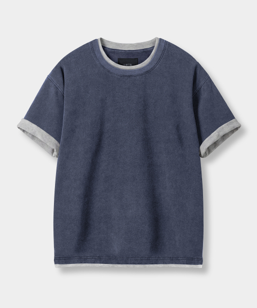 Color-blocked layered roll-up short-sleeve T-shirt_Pigment Navy