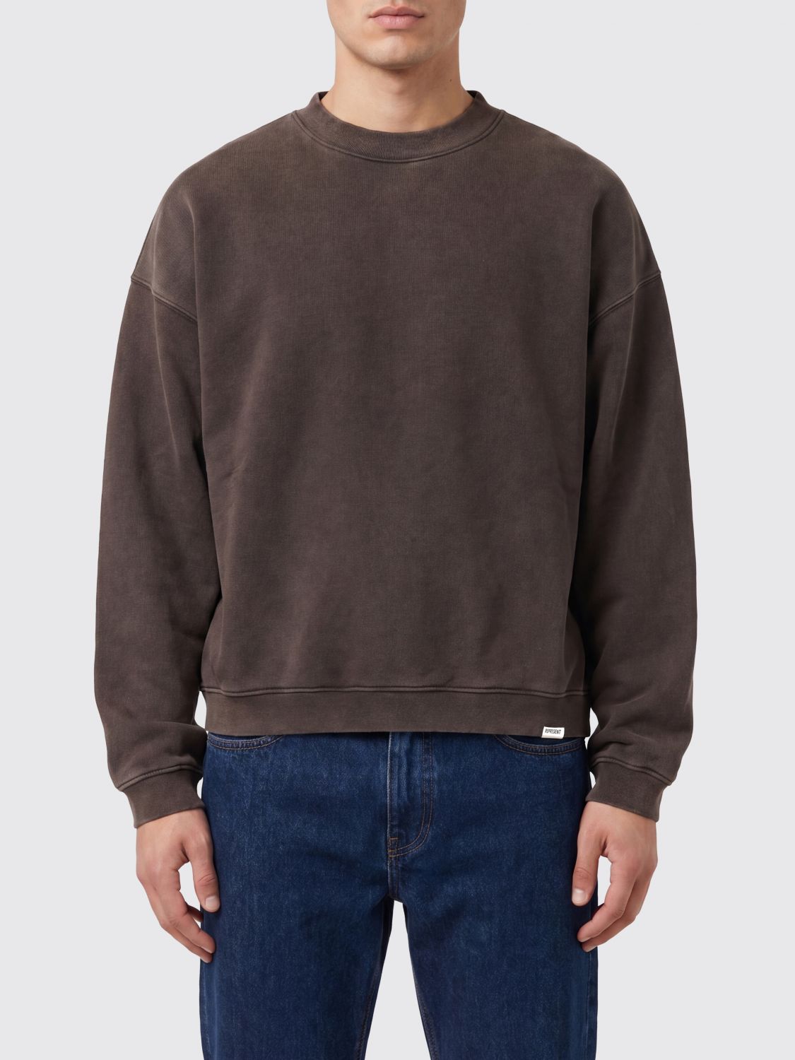 Crewneck Sweatshirt in Brown Cotton with Applied Logo and Dropped Shoulders