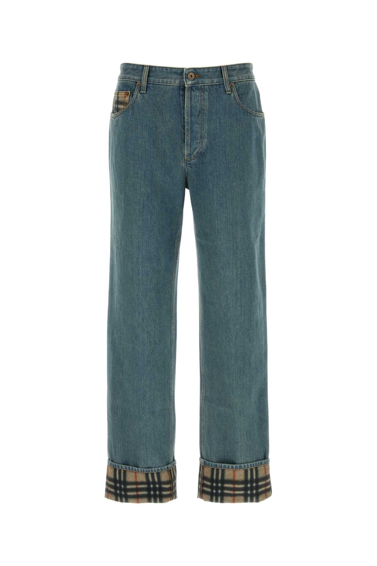 Check-Cuff Denim Jeans — Blue
