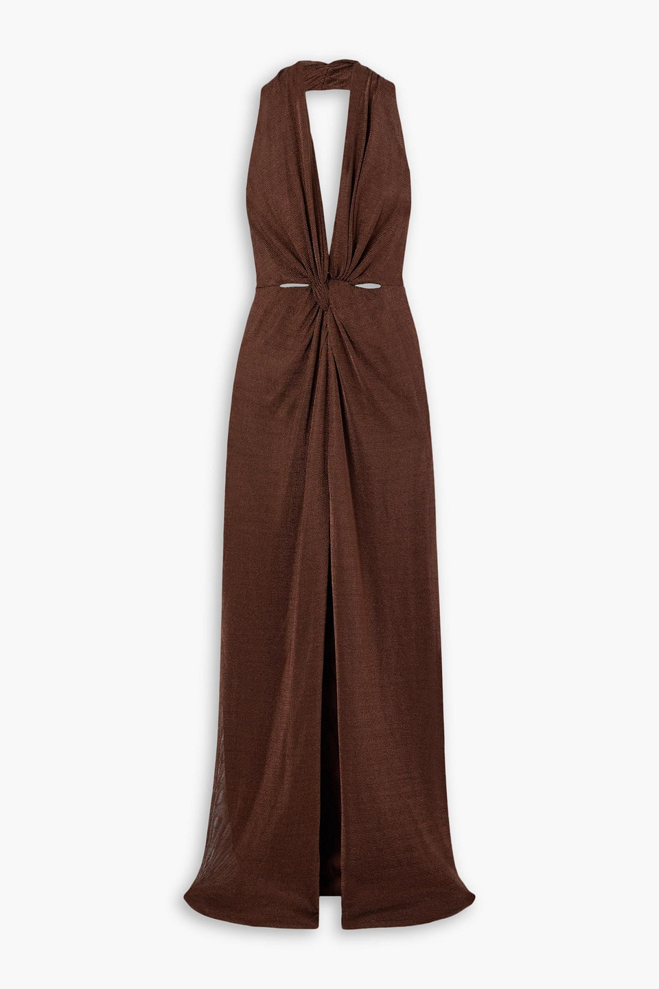 Ambrie cutout metallic jersey halterneck gown