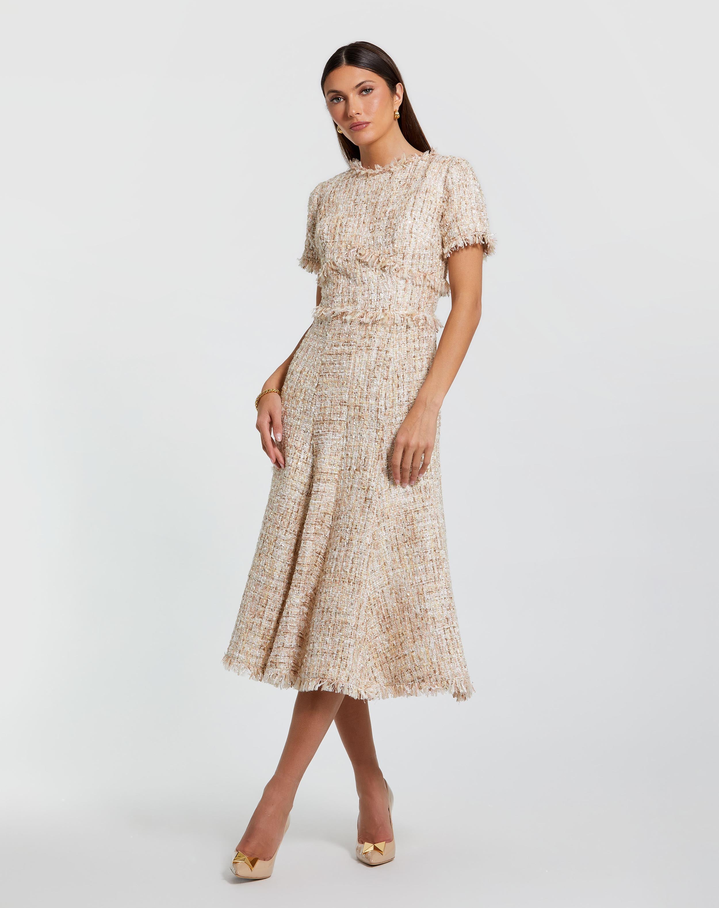 Boucle Short Sleeve A Line Midi Dress In Light Pink