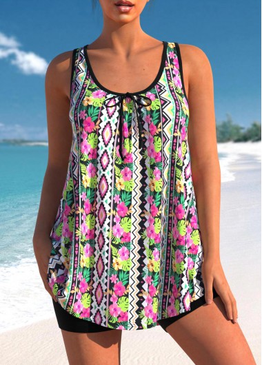 Modlily Floral Geometric Print Multi Color Tankini Top