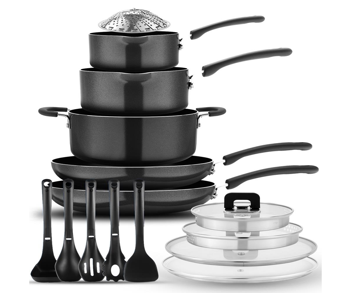 Kitchenware 17 Piece Non-Stick Cookware Set, Non-Stick Pans and Pots with foldable Knob, Space Saving, Stackable, Nylon Tools Set, Induction