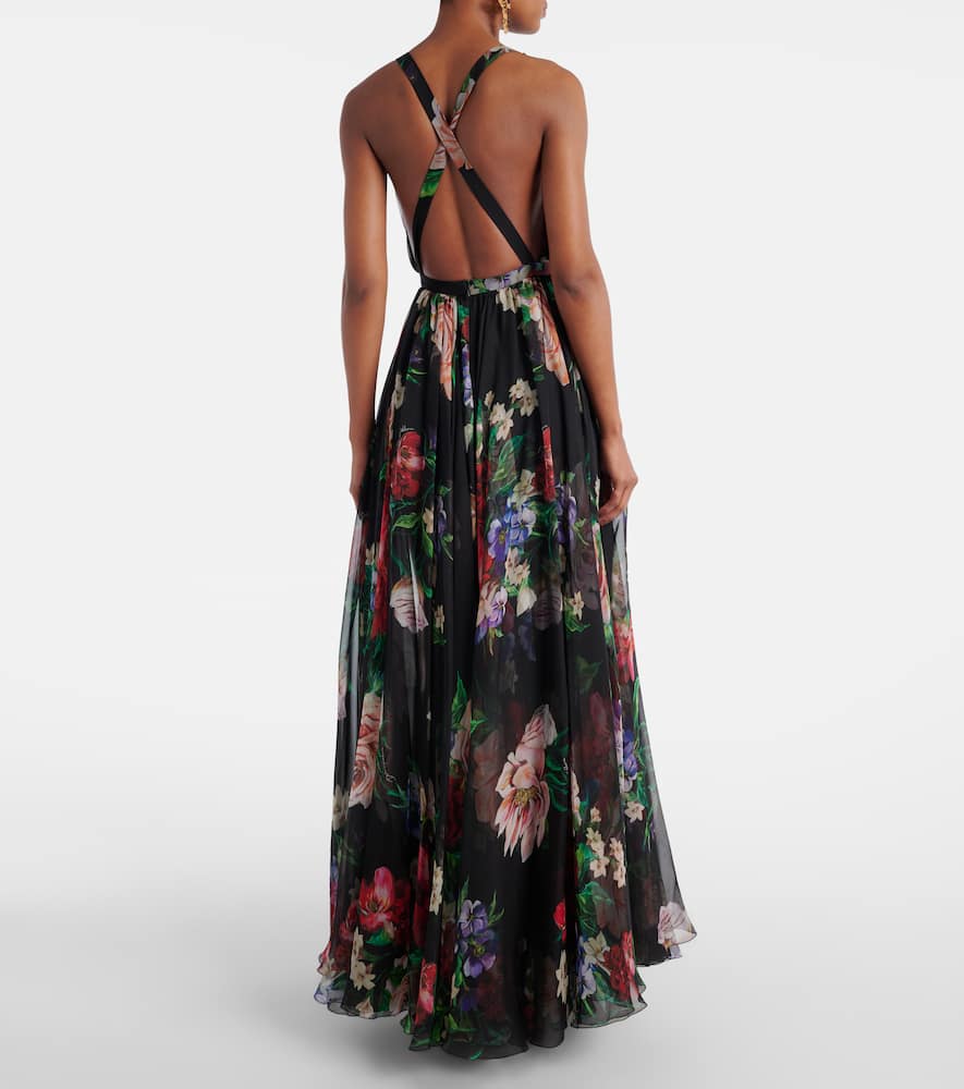 Floral pleated silk chiffon gown
