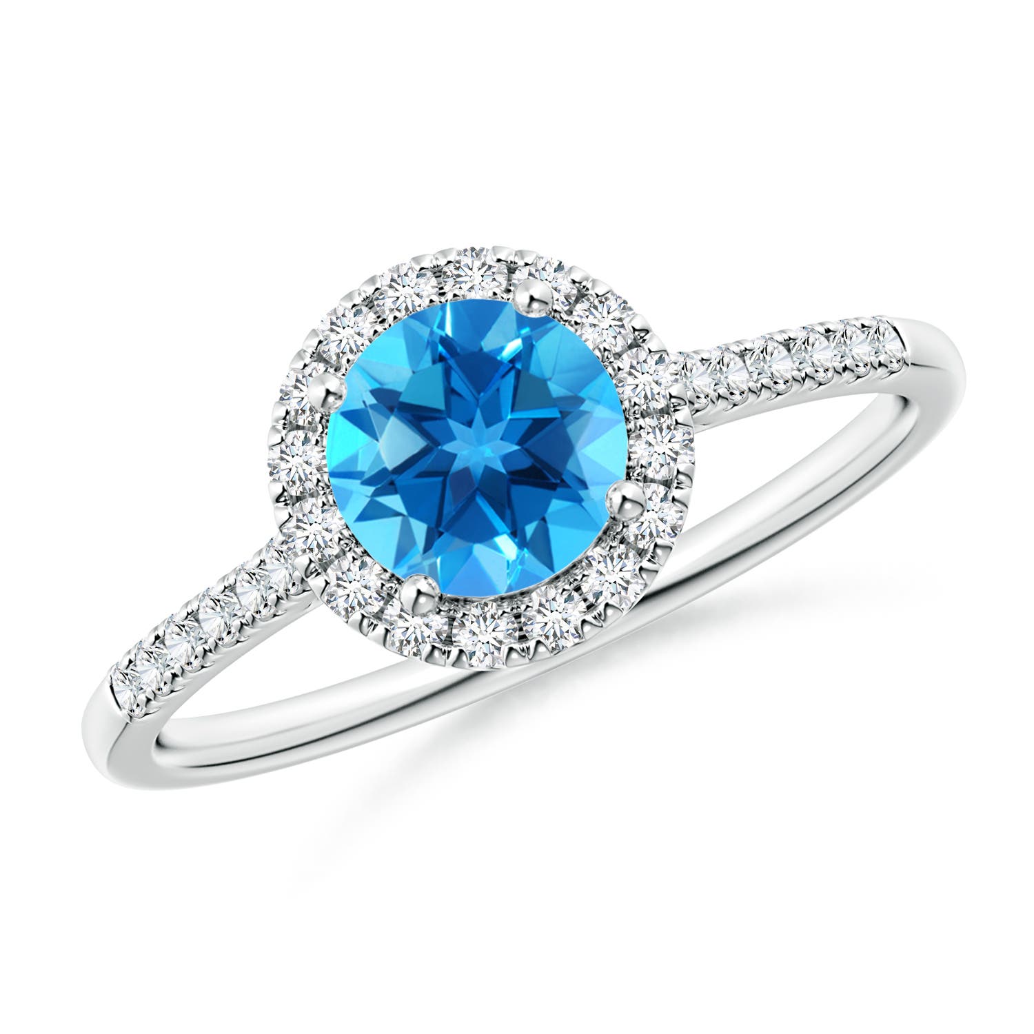 Angara 0.95 Carat Round Swiss Blue Topaz Halo Ring with Diamond Accents in Platinum