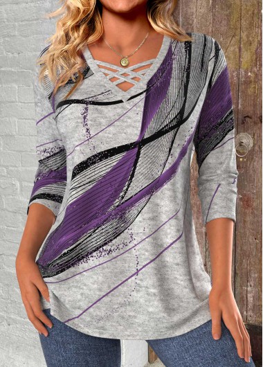 Modlily Light Grey Marl Criss Cross Geometric Print T Shirt