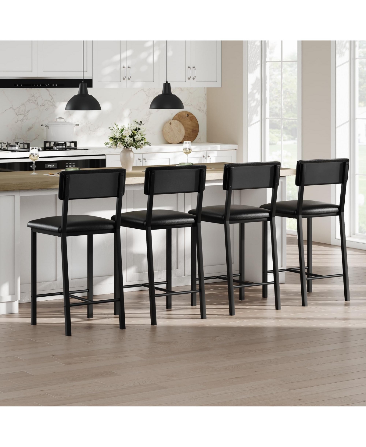 Set of 4 Leather Bar Stools with Backrest, Footrest and Cushion