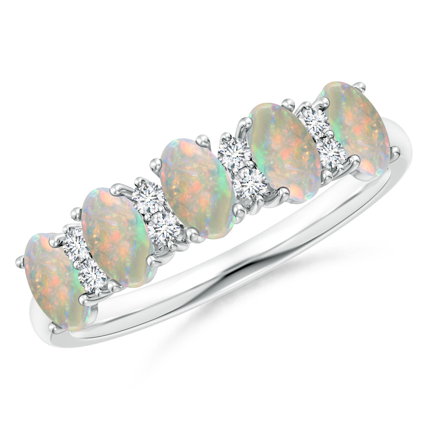 Angara 0.75 Carat Five Stone Opal and Diamond Wedding Ring in 14K White Gold