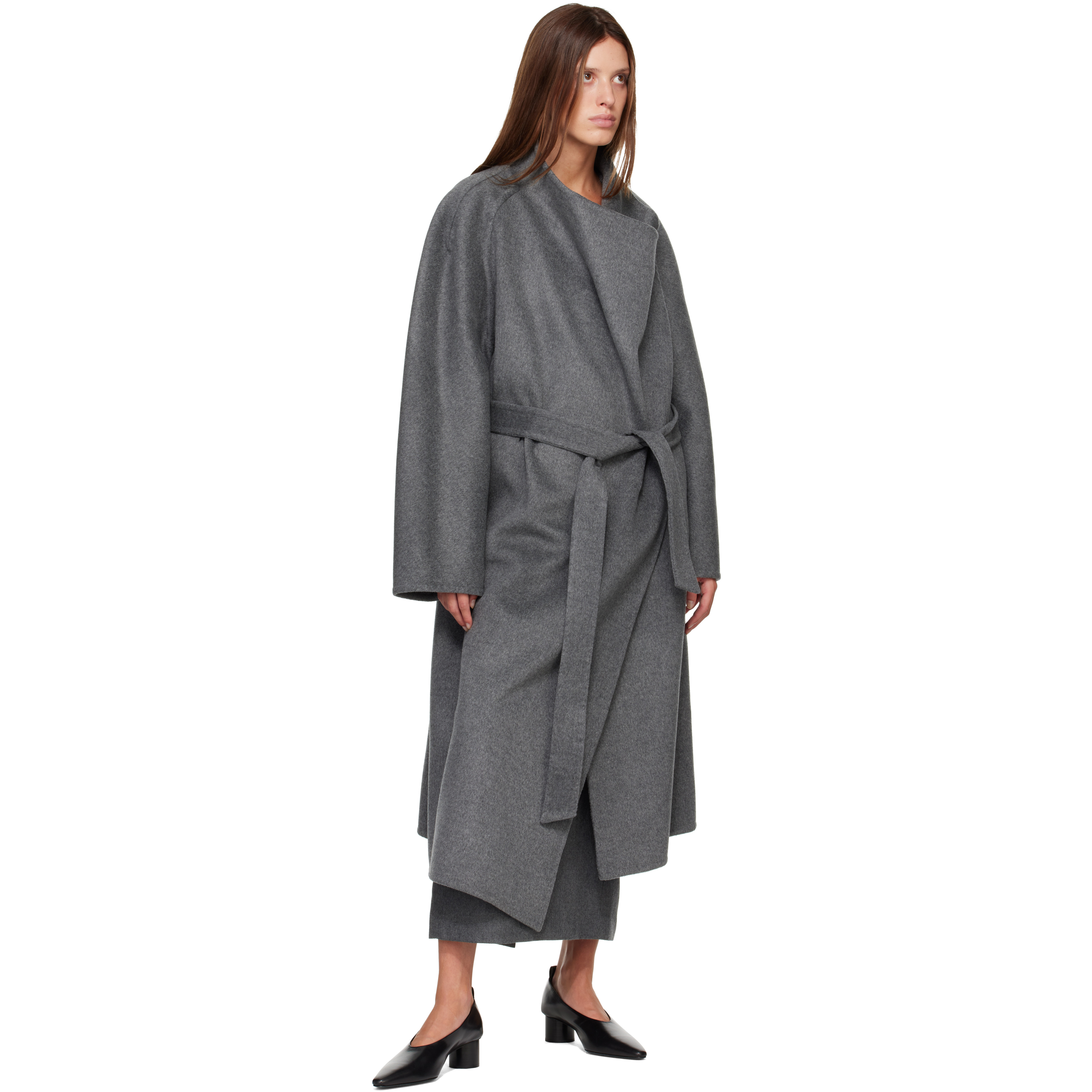 Gray Porin Draped Button Wool Cash Coat