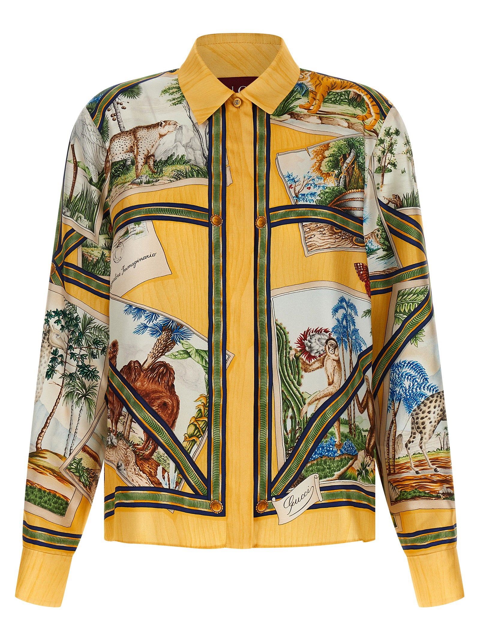 Landscape-Print Silk Twill Shirt — Yellow