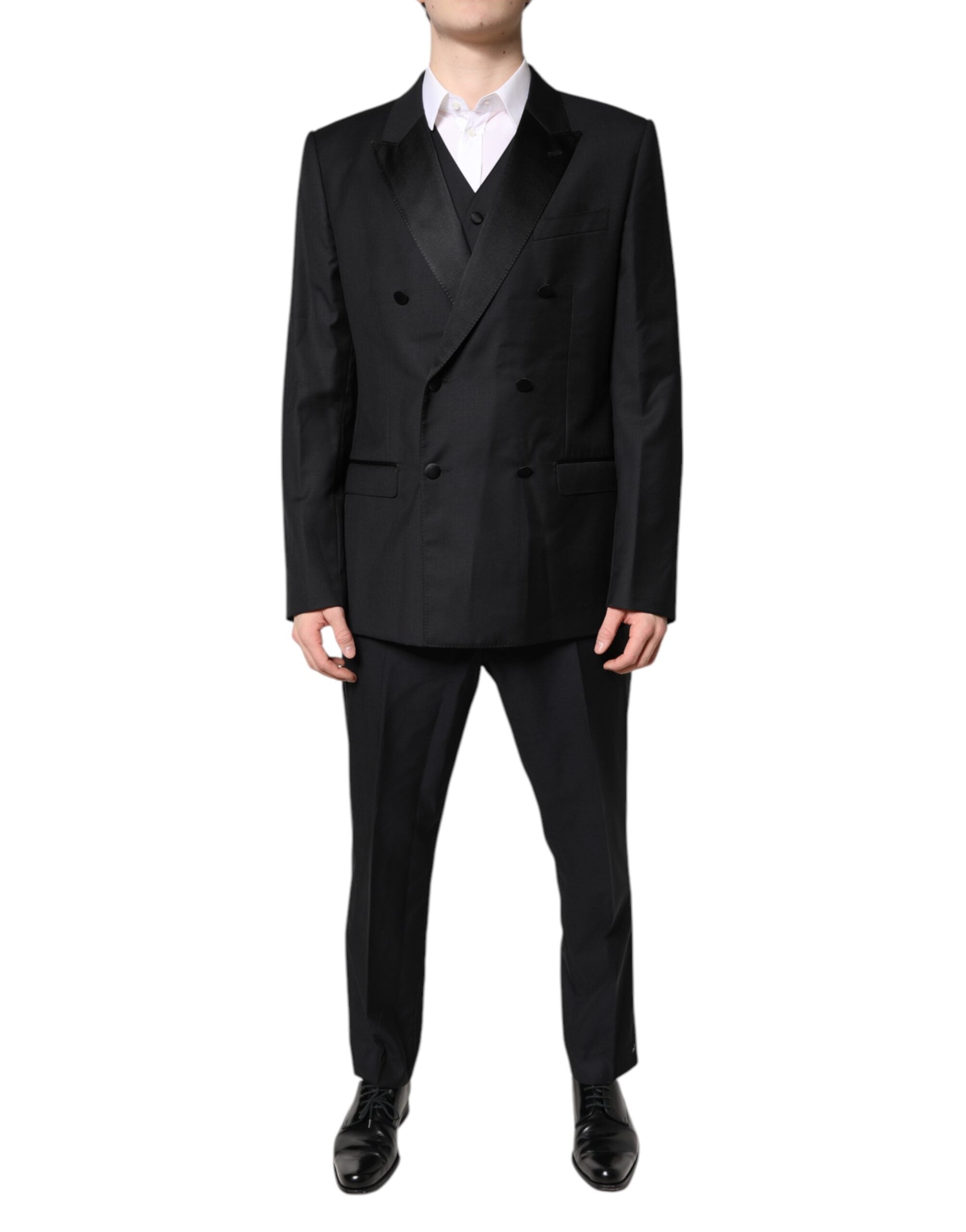 Double-Breasted Wool Silk Pant Suit — Black