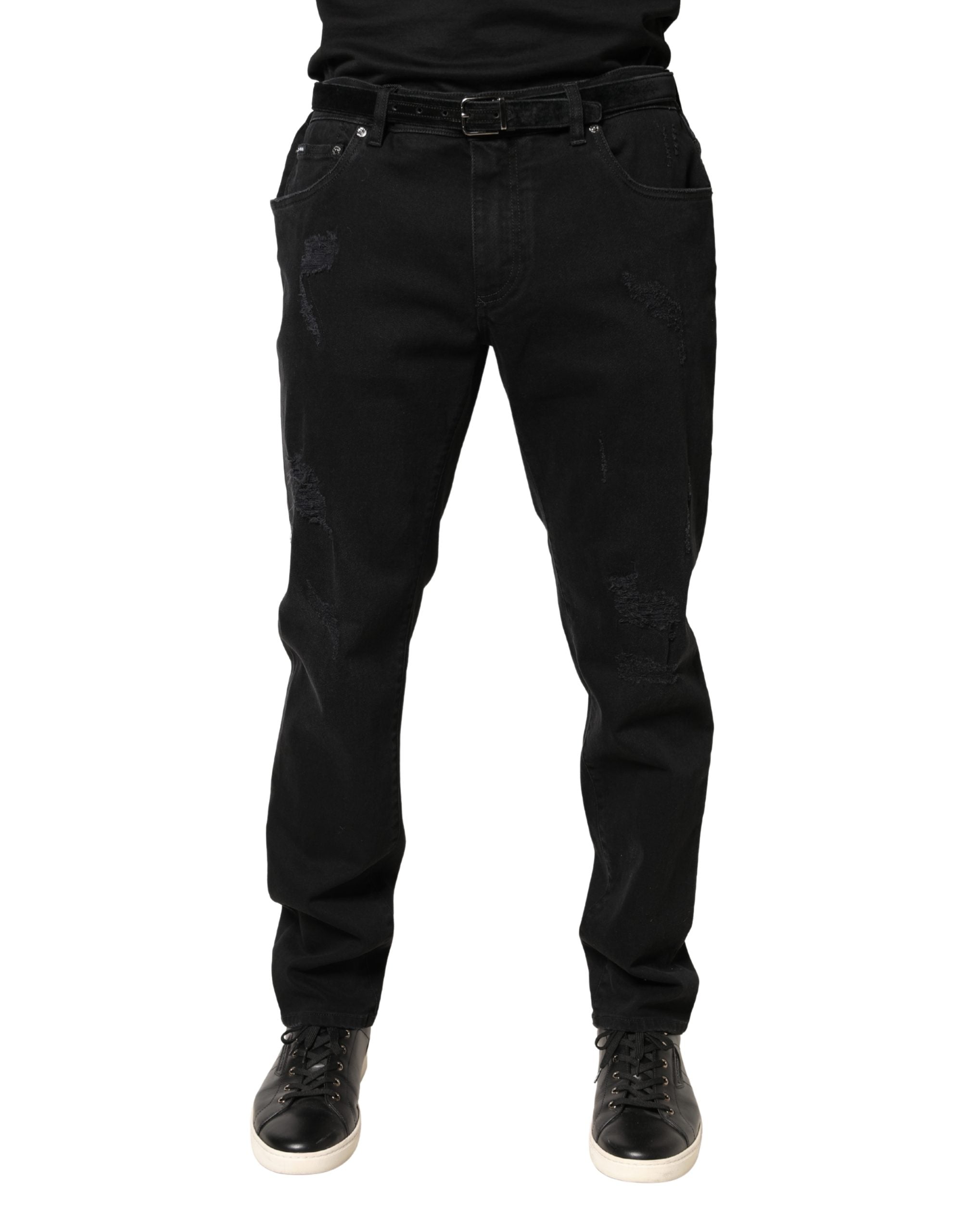 Tattered Skinny Denim Jeans — Black