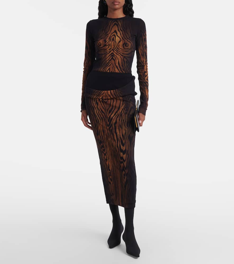 Wood trompe l'ail tulle midi skirt