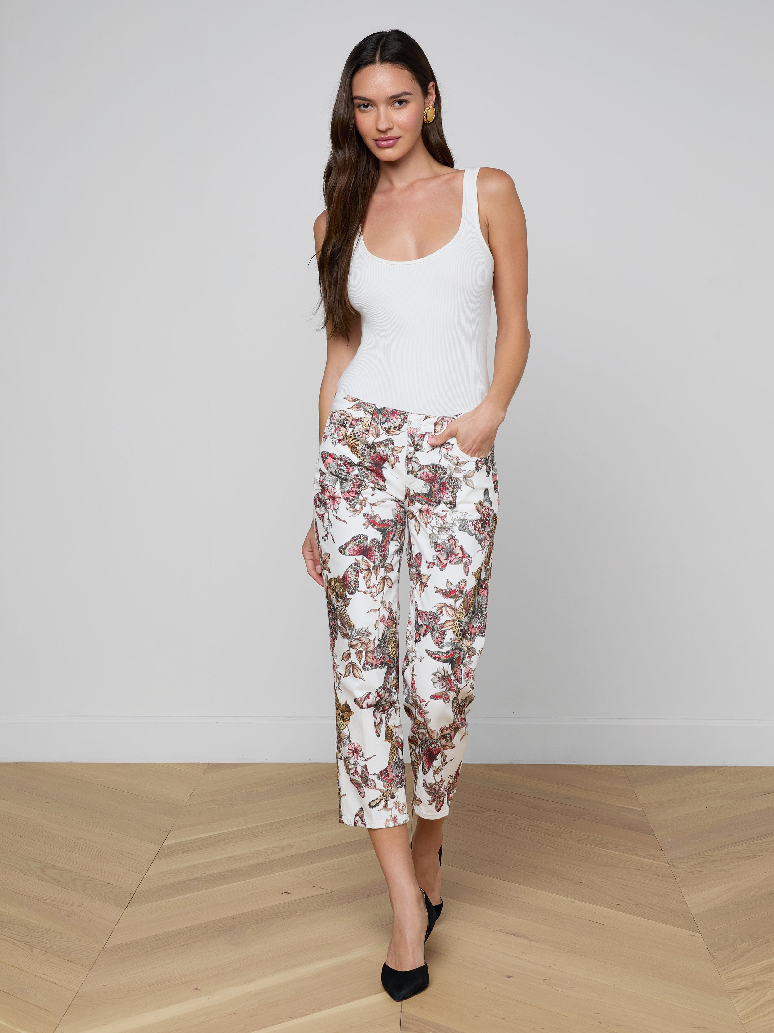 Blaine Cropped Stovepipe Jean In White Multi Large Butterfly Jungle
