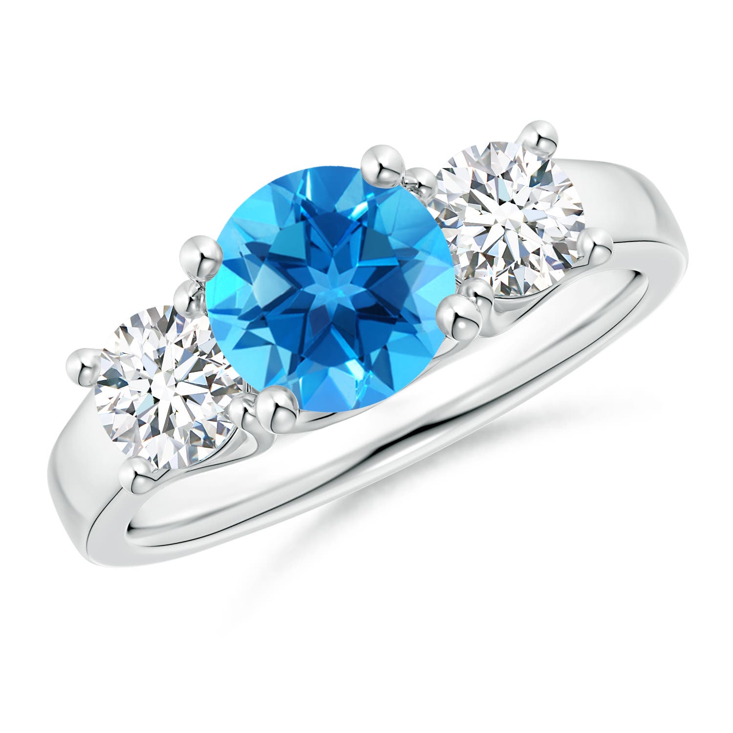 Angara 1.55 Carats Classic Round Swiss Blue Topaz and Diamond Three Stone Ring in Silver