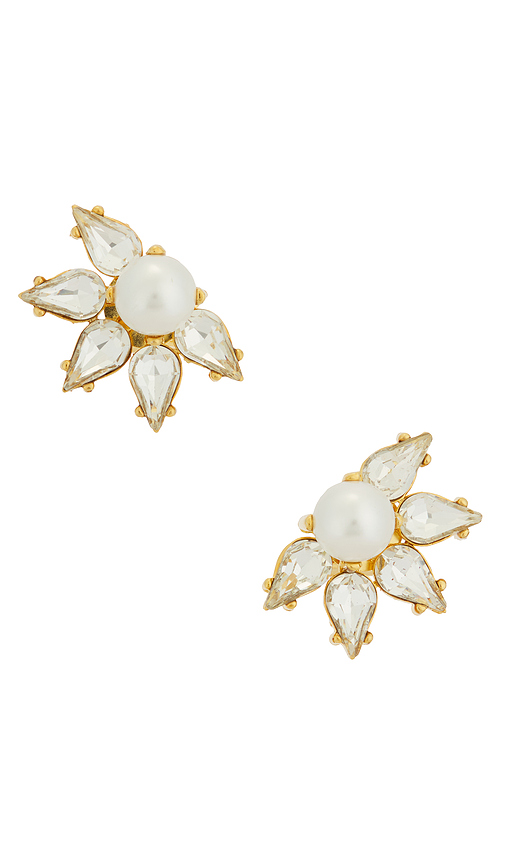 Anton Heunis Omega Clasp Flower Motif Stud Earrings in Cream Crystal & Gold. a