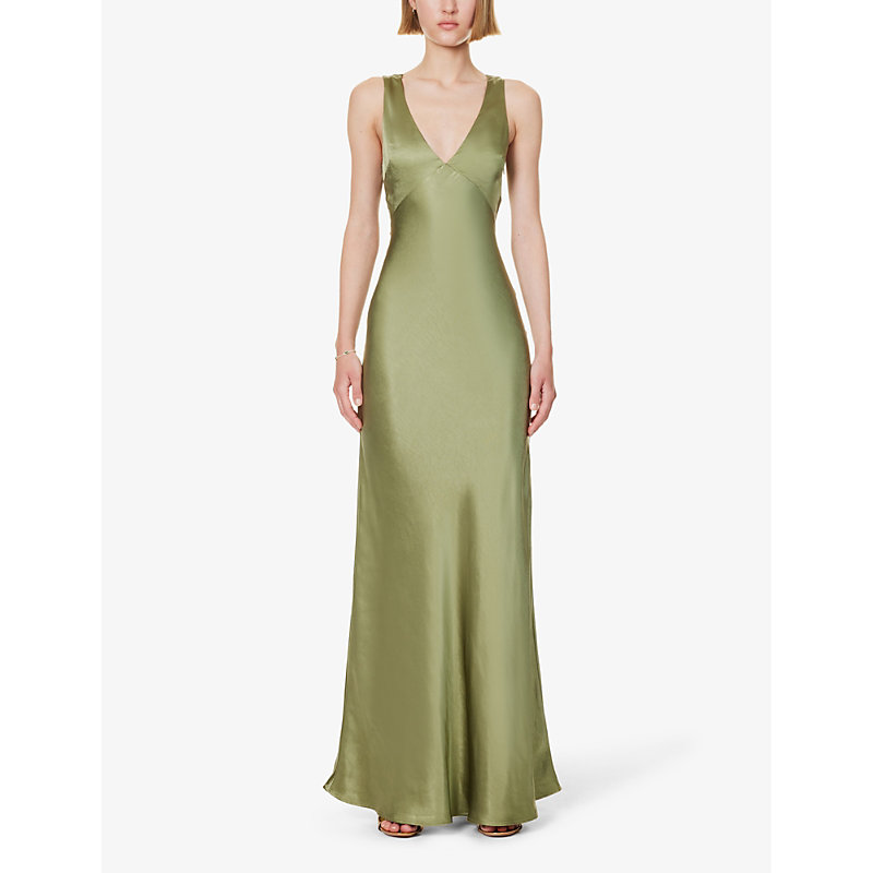 Womens Moss Green Twist-back V-neck Satin Maxi Dress