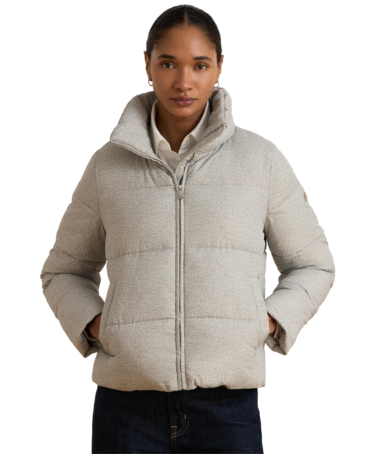 Women's Herringbone-Print Short Puffer Coat - Cream Gray Herringbone