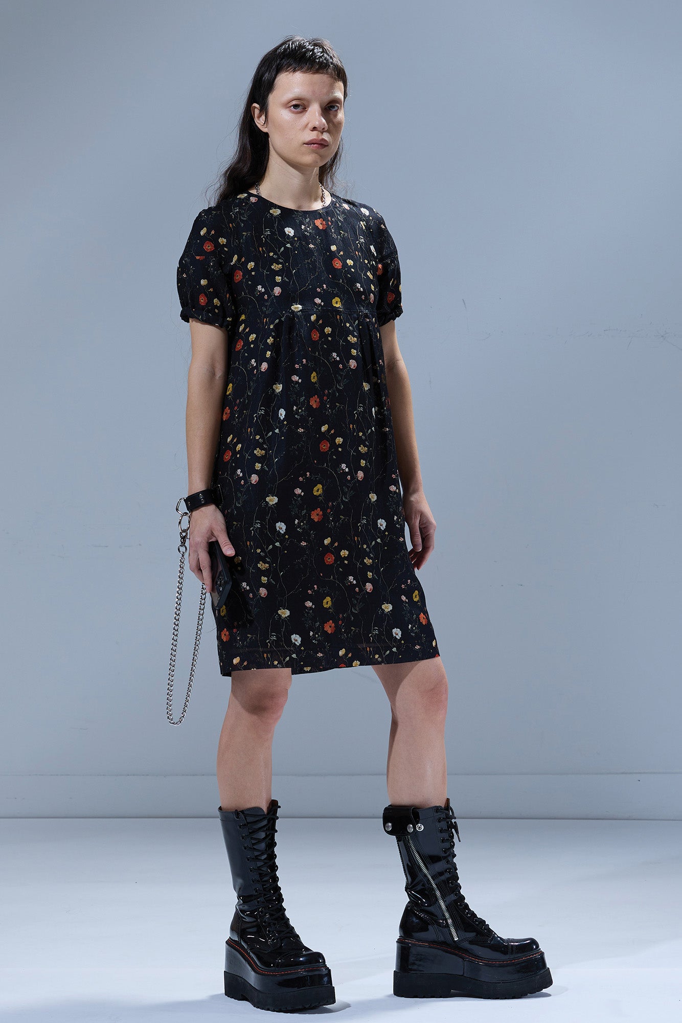 R13 Raglan Sleeve Babydoll Dress - Floral On Black
