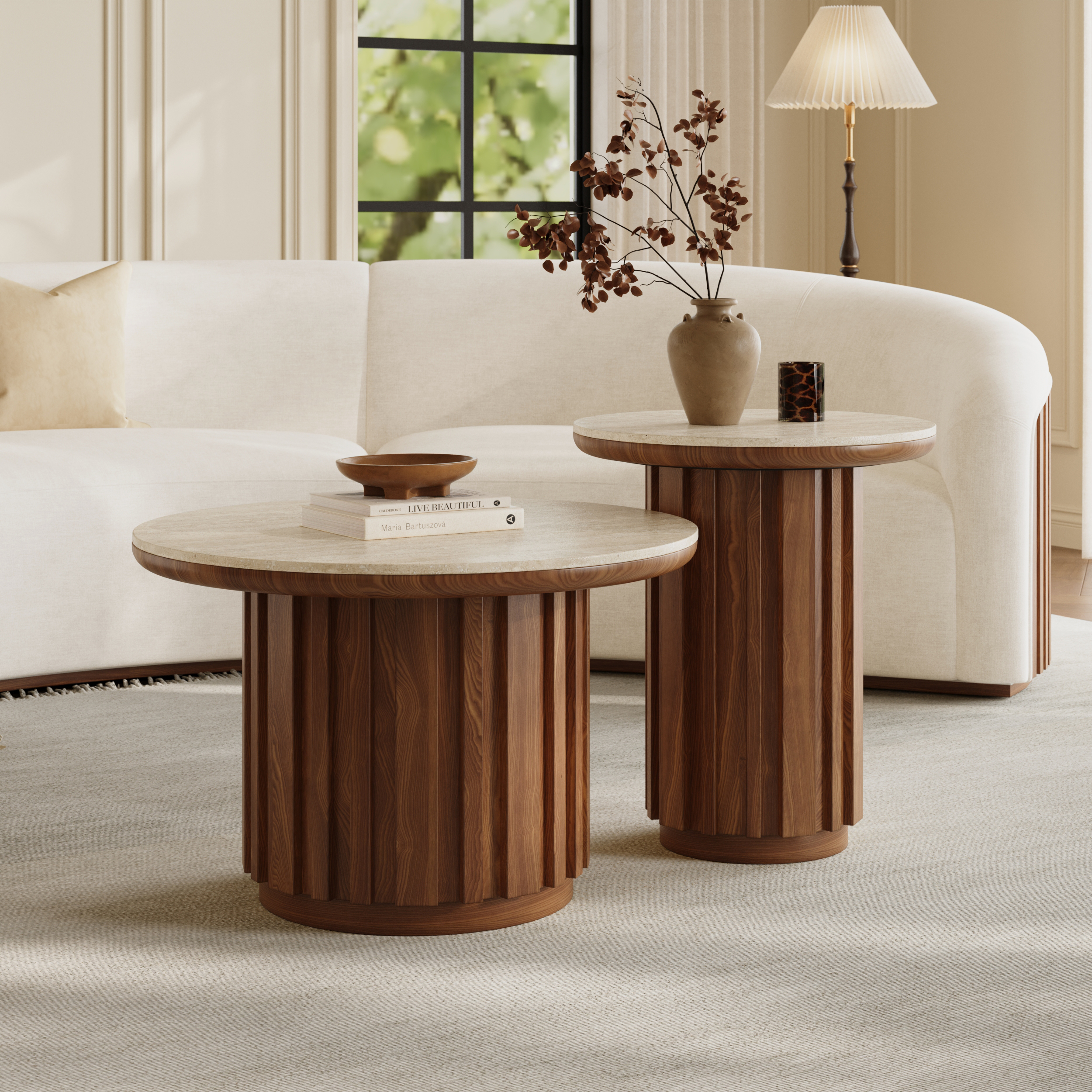 Aura 2 Piece Set Ash Wood Slatted Round Coffee Table with Sintered Stone Top
