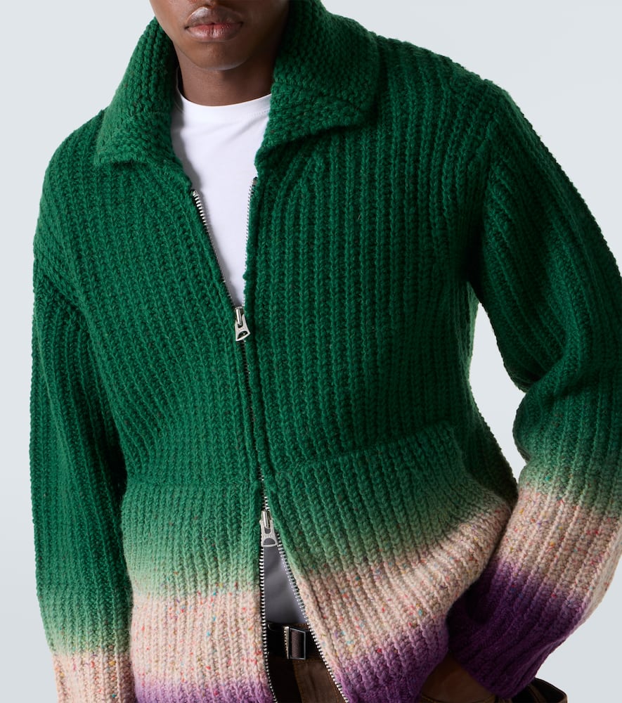 Ribbed-knit wool zip-up cardigan