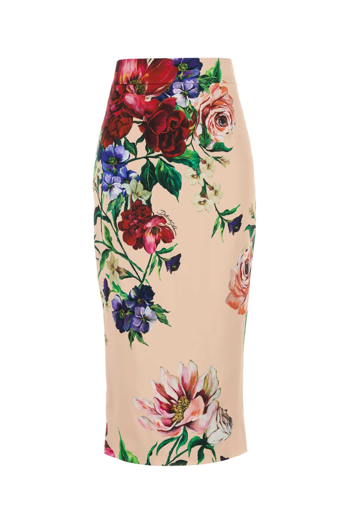 Floral-Printed Stretch Satin Skirt — Beige