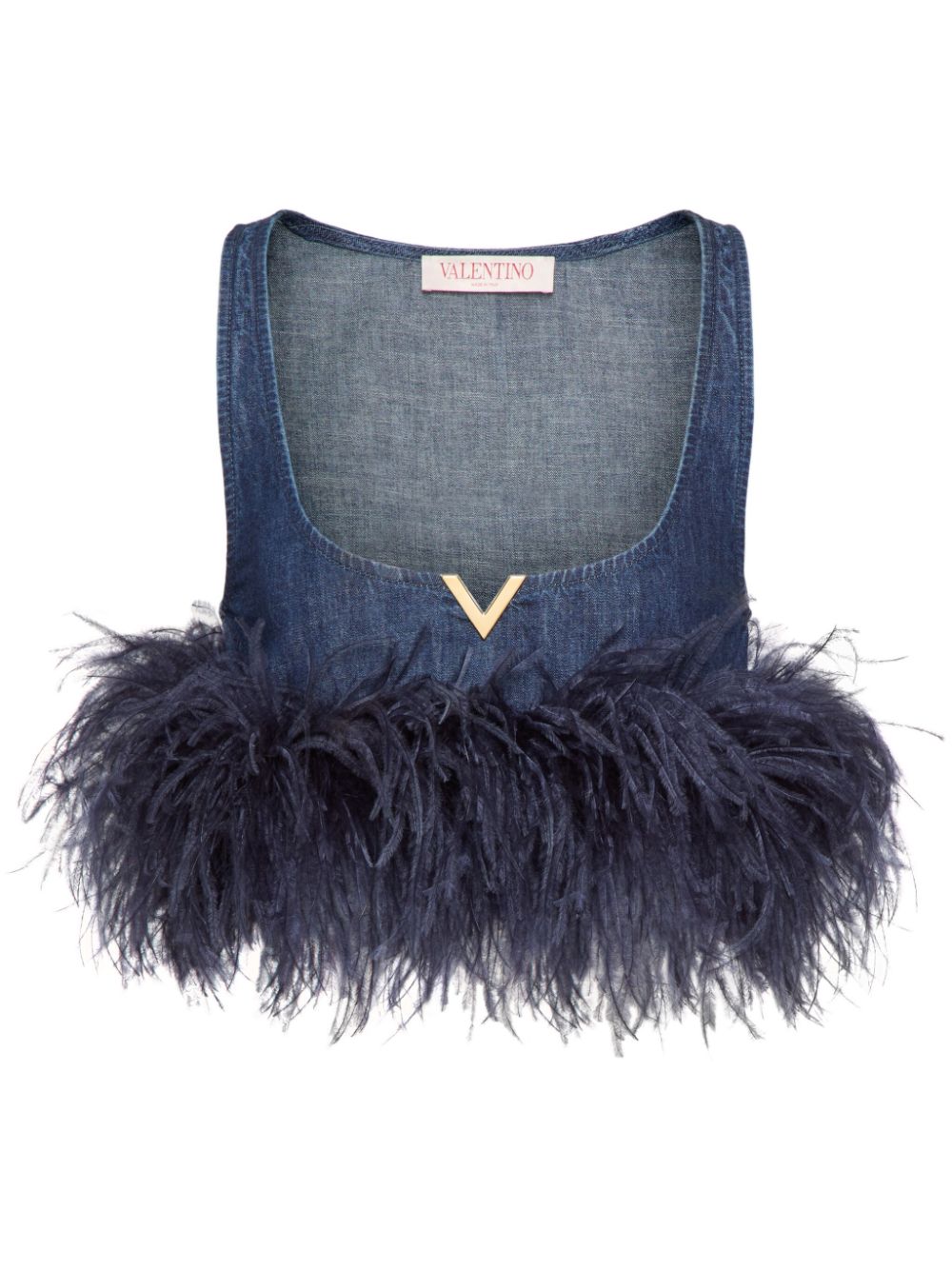 Feather-trim denim crop top - Blue