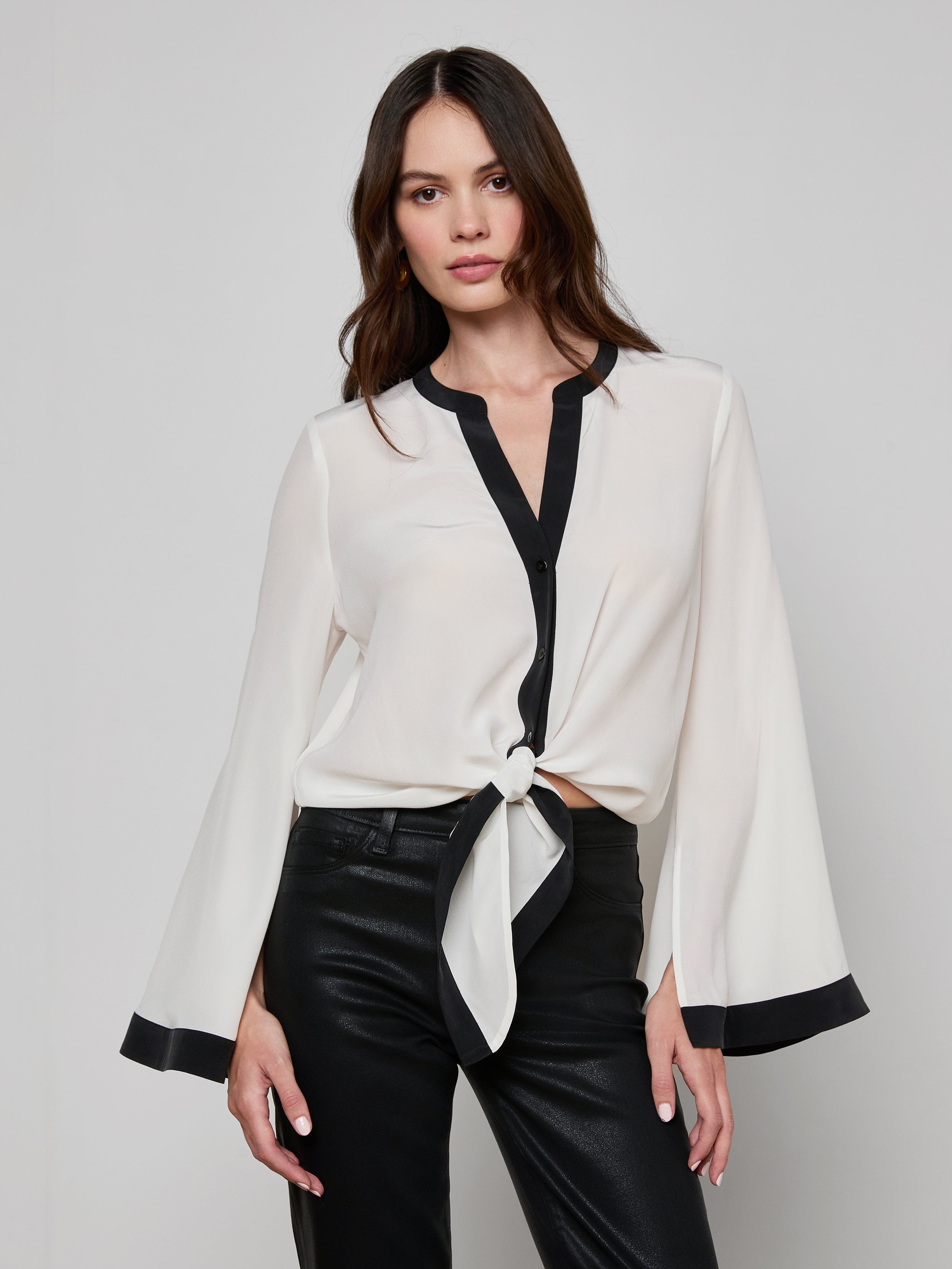 Charlize Silk Blouse Top In Ivory/black