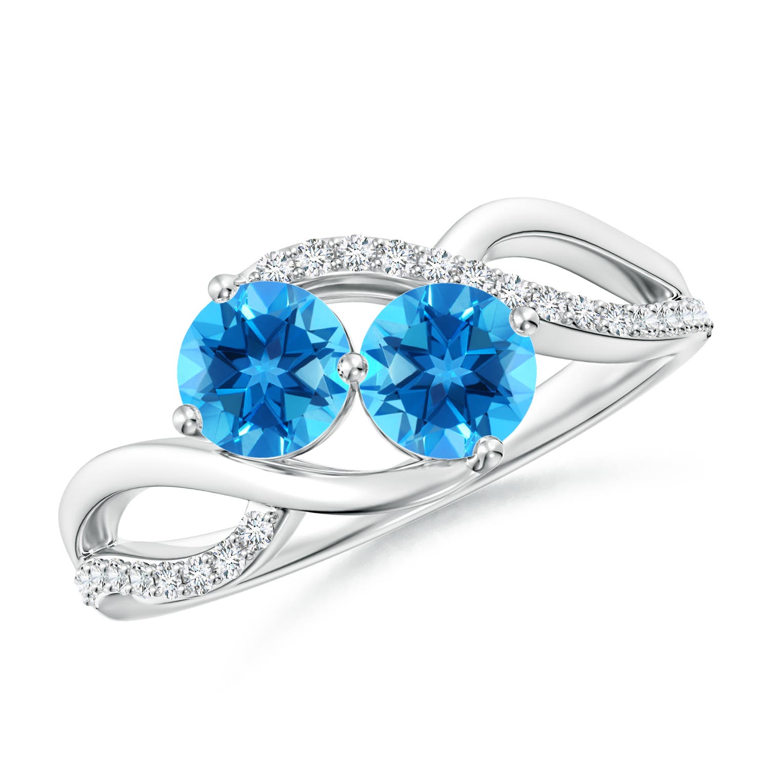 Angara 1.2 Carats Round Swiss Blue Topaz Two Stone Bypass Ring with Diamonds in Silver