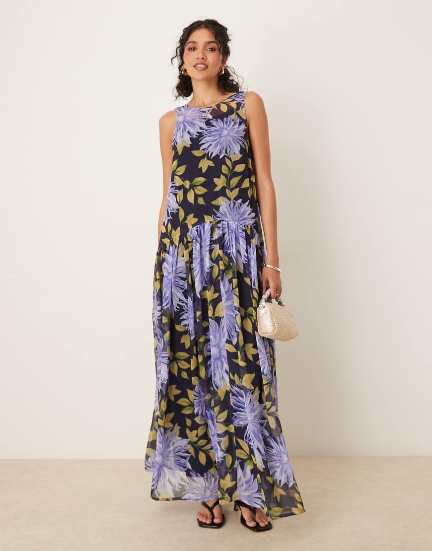 Blown up floral maxi dress with raised waist seam in floral print-Multi
