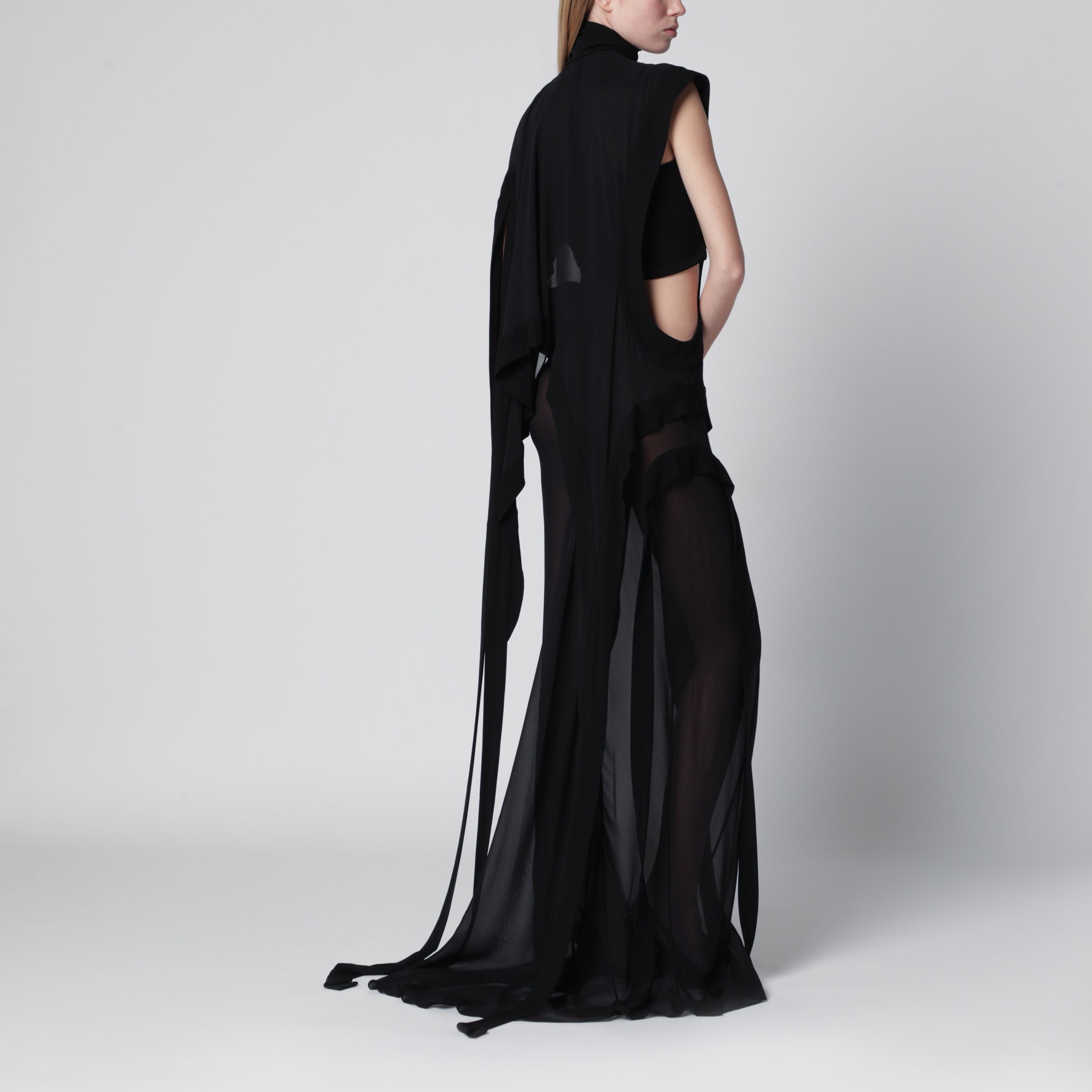 Long black one-shoulder silk dress