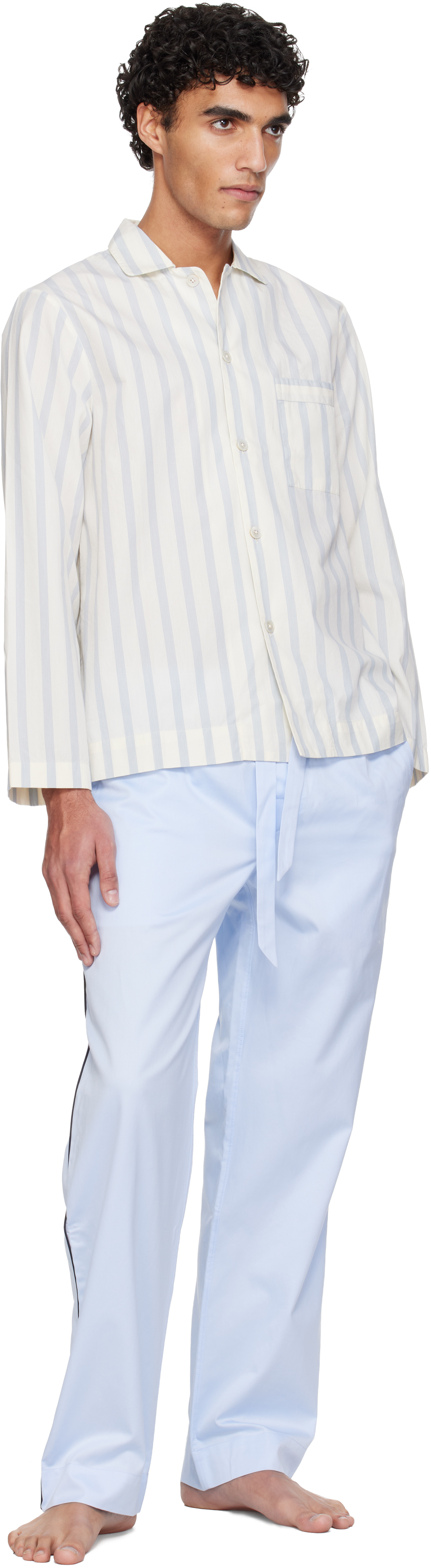 White & Blue Poplin Long-Sleeved Pyjama Shirt